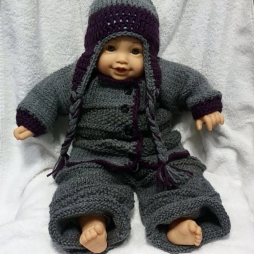 Hand Crafted Three Piece Hand Knit Baby Set Hat, Pants & Sweater 0-3 mo winter